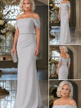 Off-the-Shoulder Light Gray Evening Gown with Beaded Waist